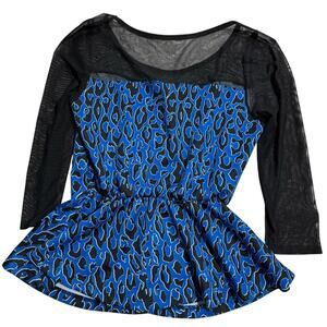 Y2K Blue Cheetah Top Black Mesh Long Sleeve Stretch Blouse Womens Sz L Peplum